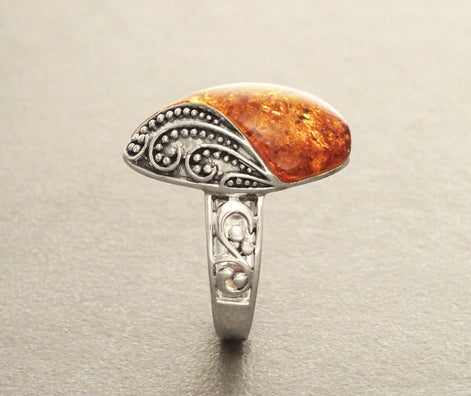 Boho Amber Ring, Sterling Silver 925, GENUINE Amber Gemstone with Inclusions, Intricate Filigree Jewelry, Antique Vintage Bali Bohemian Ring