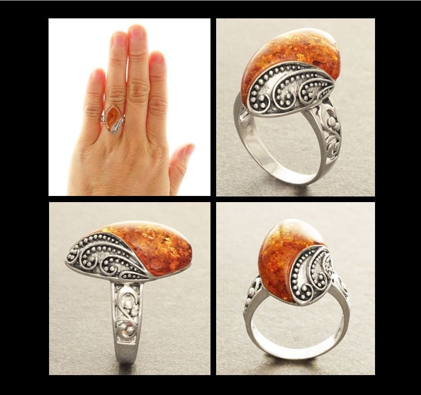 Boho Amber Ring, Sterling Silver 925, GENUINE Amber Gemstone with Inclusions, Intricate Filigree Jewelry, Antique Vintage Bali Bohemian Ring