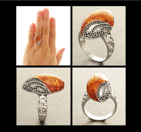 Boho Amber Ring, Sterling Silver 925, GENUINE Amber Gemstone with Inclusions, Intricate Filigree Jewelry, Antique Vintage Bali Bohemian Ring