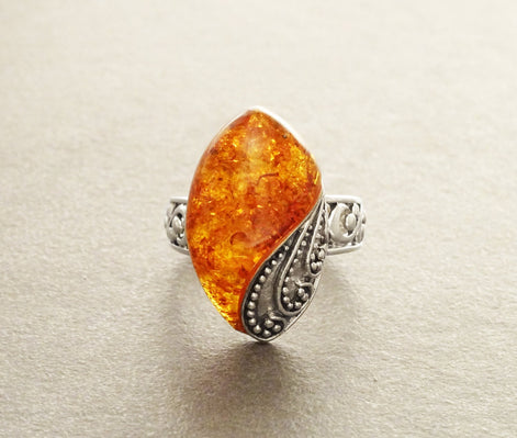 Boho Amber Ring, Sterling Silver 925, GENUINE Amber Gemstone with Inclusions, Intricate Filigree Jewelry, Antique Vintage Bali Bohemian Ring