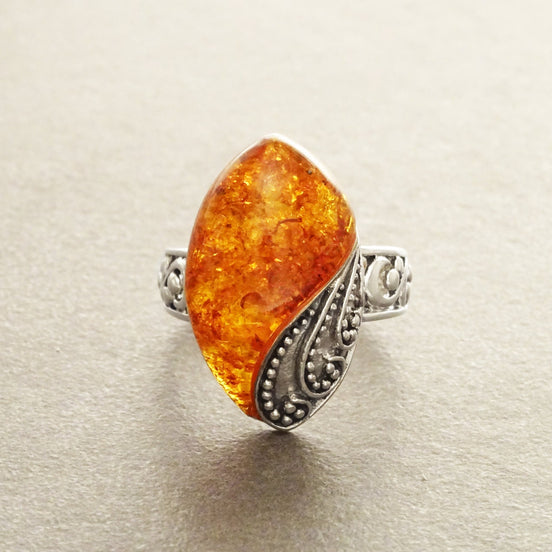 Boho Amber Ring, Sterling Silver 925, GENUINE Amber Gemstone with Inclusions, Intricate Filigree Jewelry, Antique Vintage Bali Bohemian Ring
