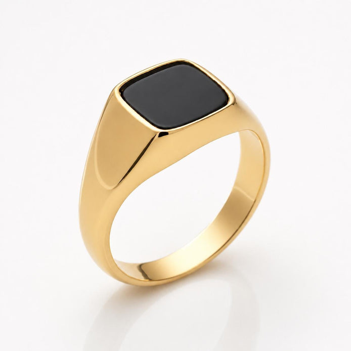 Bague chevalière onyx noir • Anneau pierre carré or et argent 925 • Bijou unisexe minimaliste élégant
