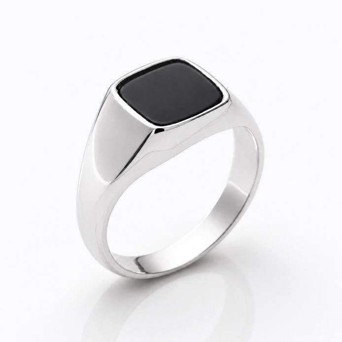 Bague chevalière onyx noir • Argent 925 • Anneau pierre carré • Bijou unisexe minimaliste élégant