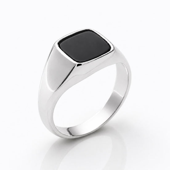 Bague chevalière onyx noir • Argent 925 • Anneau pierre carré • Bijou unisexe minimaliste élégant