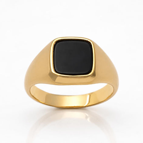 Bague chevalière onyx noir • Anneau pierre carré or et argent 925 • Bijou unisexe minimaliste élégant