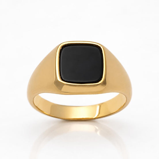 Bague chevalière onyx noir • Anneau pierre carré or et argent 925 • Bijou unisexe minimaliste élégant