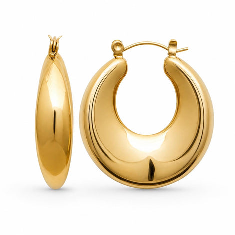 Grandes créoles incurvées • Doré Or Fin 18K • Boucles d'oreilles anneaux à disques épais • Cadeau minimaliste et original pour elle