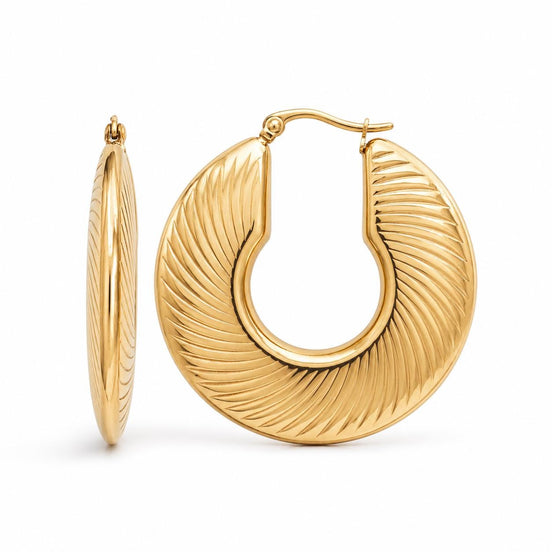 Créoles disque striées • Doré Or Fin 18K • Boucles épaisses en forme de demi-lune • Anneaux d'oreilles pour femme