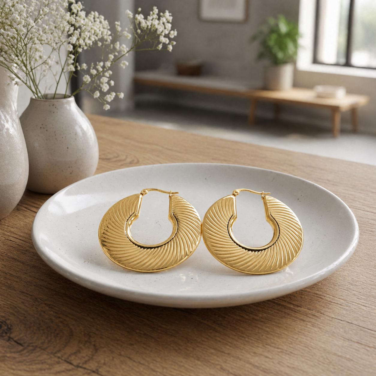 Créoles disque striées • Doré Or Fin 18K • Boucles épaisses en forme de demi-lune • Anneaux d'oreilles pour femme