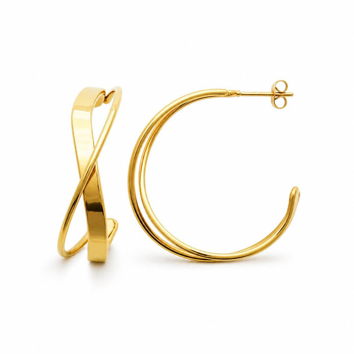 Créoles modernes croisées • Doré Or fin 18K • Boucles d'oreilles anneaux ouverts torsadés • Bijoux moderne pour femme