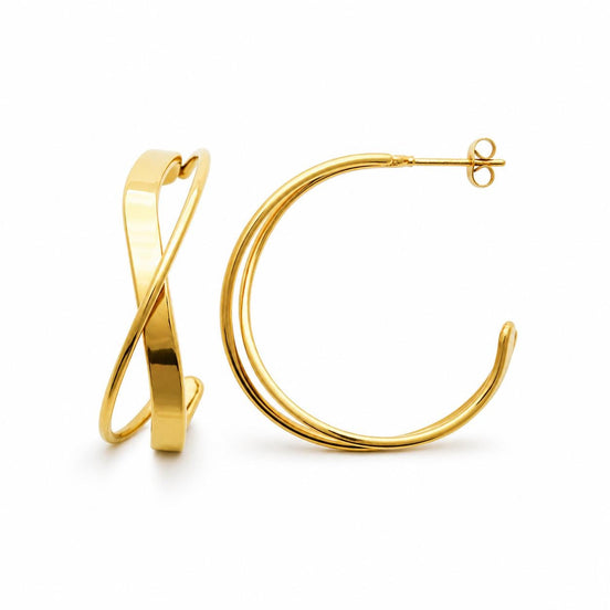 Créoles modernes croisées • Doré Or fin 18K • Boucles d'oreilles anneaux ouverts torsadés • Bijoux moderne pour femme