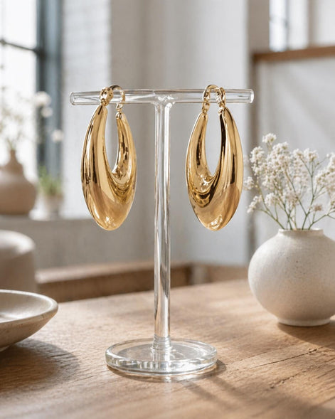 Créoles forme de goutte • Doré Or Fin 18K • Créoles demi-lune allongée • Cadeau moderne pour femme