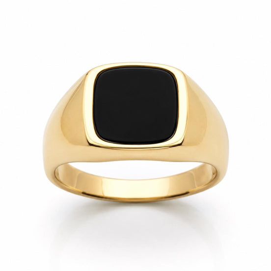 Chevalière onyx noir • Plaqué Or 18K • Bague homme moderne • Anneau pierre carré noire • bijoux unisexe