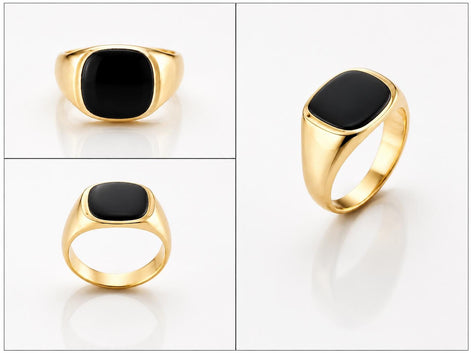 Chevalière onyx noir • Plaqué Or 18K • Bague homme moderne • Anneau pierre carré noire • bijoux unisexe