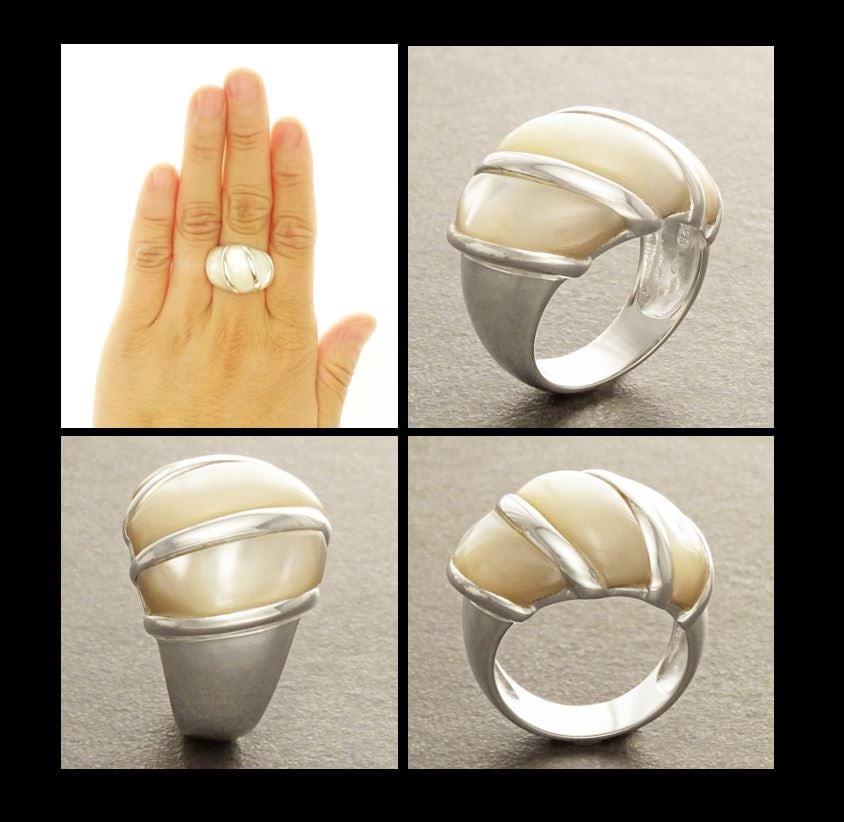 White Domed Ring, Sterling Silver, Mother-of-Pearl Shell Ring, Statement jewelry, Wide stone large band ring, Pearl Ring