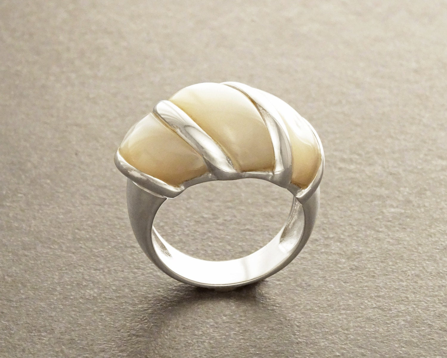 White Domed Ring, Sterling Silver, Mother-of-Pearl Shell Ring, Statement jewelry, Wide stone large band ring, Pearl Ring