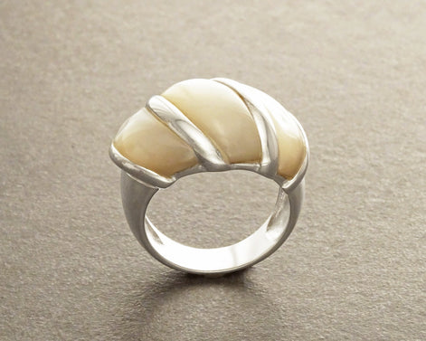 White Domed Ring, Sterling Silver, Mother-of-Pearl Shell Ring, Statement jewelry, Wide stone large band ring, Pearl Ring