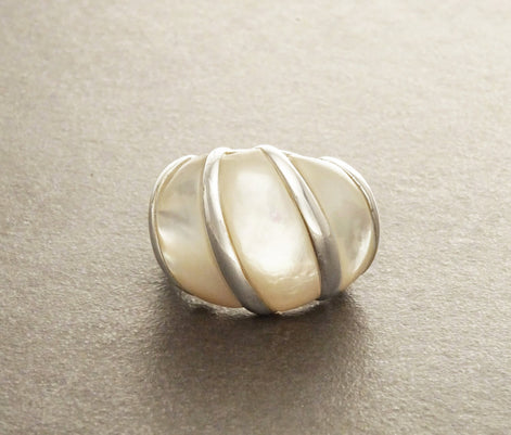 White Domed Ring, Sterling Silver, Mother-of-Pearl Shell Ring, Statement jewelry, Wide stone large band ring, Pearl Ring