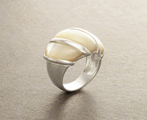 White Domed Ring, Sterling Silver, Mother-of-Pearl Shell Ring, Statement jewelry, Wide stone large band ring, Pearl Ring