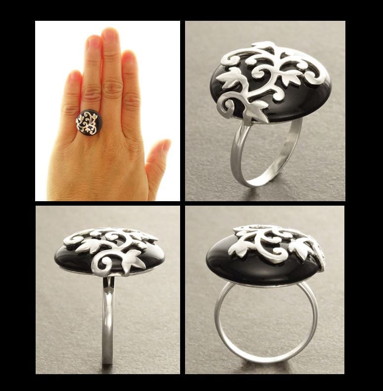 Black Onyx Ring - Flower filigree - Genuine Onyx - Art Nouveau Ring - Sterling Silver - shabby chic ring -Flower ring - Boho ring