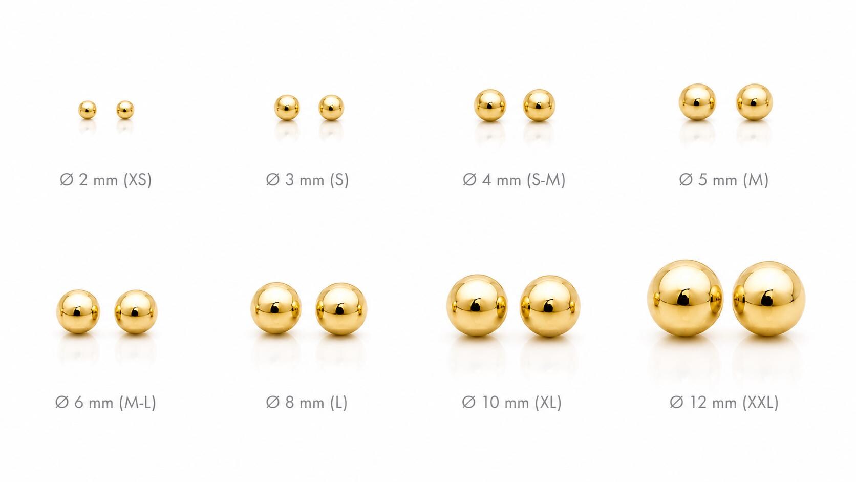 Boucles classiques Boule • Plaqué Or 18K • Clous d'oreilles boules sphère • Huit tailles : 2 mm, 3 mm, 4 mm, 5 mm, 6 mm, 8 mm, 10 mm, 12 mm