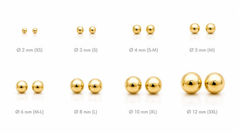 Boucles classiques Boule • Plaqué Or 18K • Clous d'oreilles boules sphère • Huit tailles : 2 mm, 3 mm, 4 mm, 5 mm, 6 mm, 8 mm, 10 mm, 12 mm
