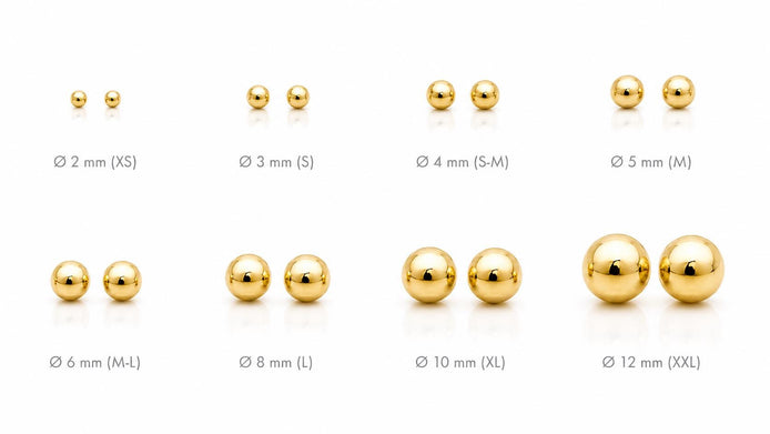 Boucles classiques Boule • Plaqué Or 18K • Clous d'oreilles boules sphère • Huit tailles : 2 mm, 3 mm, 4 mm, 5 mm, 6 mm, 8 mm, 10 mm, 12 mm