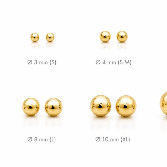 Boucles classiques Boule • Plaqué Or 18K • Clous d'oreilles boules sphère • Huit tailles : 2 mm, 3 mm, 4 mm, 5 mm, 6 mm, 8 mm, 10 mm, 12 mm