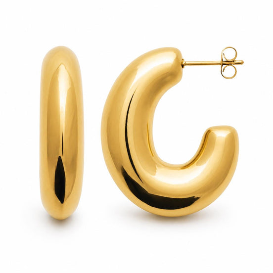 Grandes créoles C épaisses• Doré Or Fin 18K • Boucles d'oreilles anneaux Ovales ouverts • Bijou contemporain pour femme