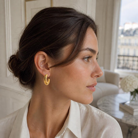 Grandes créoles C épaisses• Doré Or Fin 18K • Boucles d'oreilles anneaux Ovales ouverts • Bijou contemporain pour femme