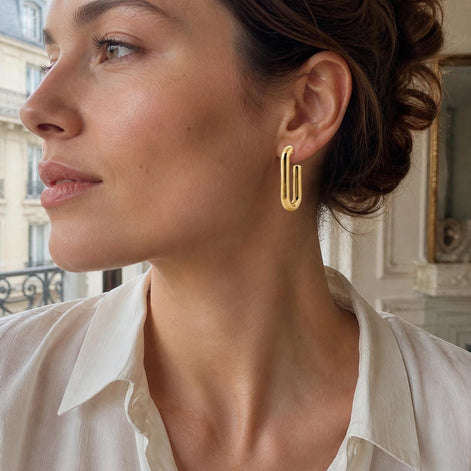 Créoles rectangle ouvertes • Doré Or Fin 18K • Boucles d'oreilles anneaux forme de U • Bijou contemporain pour femme