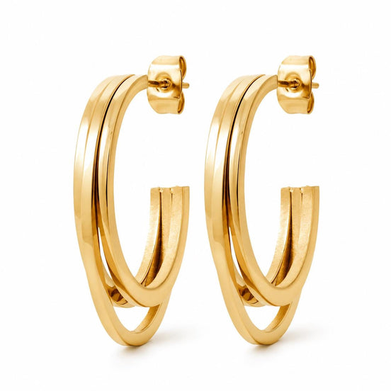 Créoles triple fils oval • Doré Or Fin 18K • Boucles d'oreilles anneaux trois lignes ouvertes • Bijou moderne pour femme