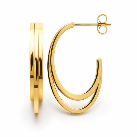 Créoles triple fils oval • Doré Or Fin 18K • Boucles d'oreilles anneaux trois lignes ouvertes • Bijou moderne pour femme