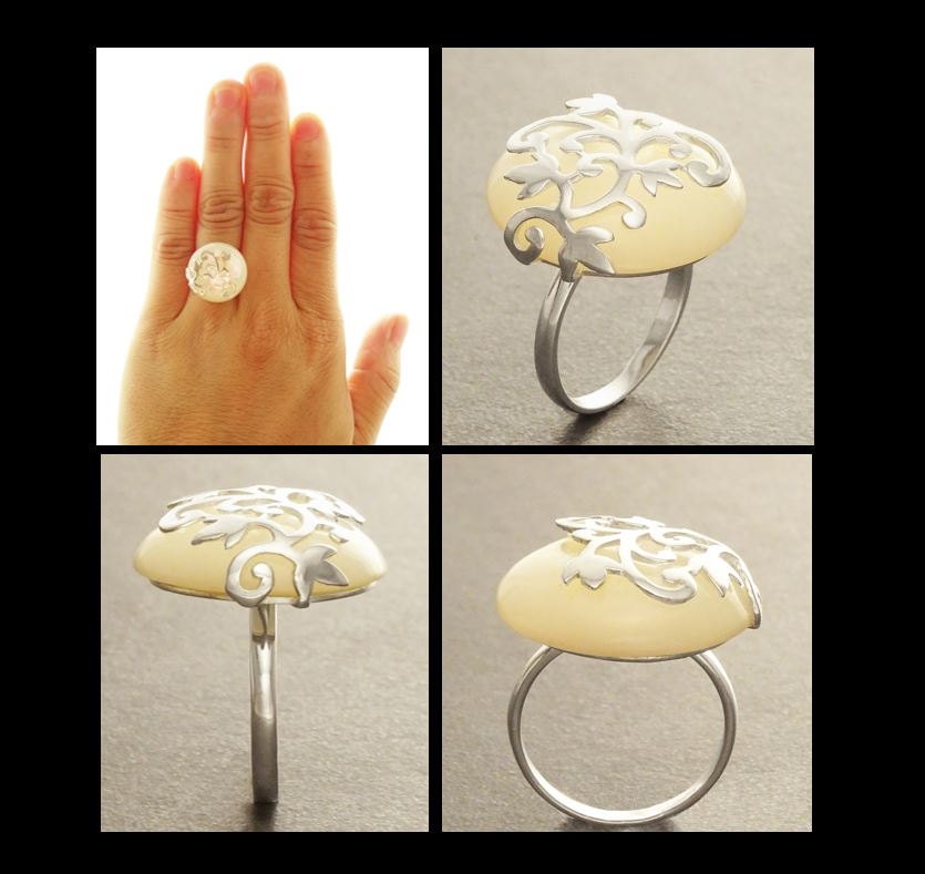 Floral Vine Ring by KRAMIKE • Sterling Silver & Mother of Pearl Stone • Nature-Inspired Design • Unique Look • Elegant Gift for Her • KR131