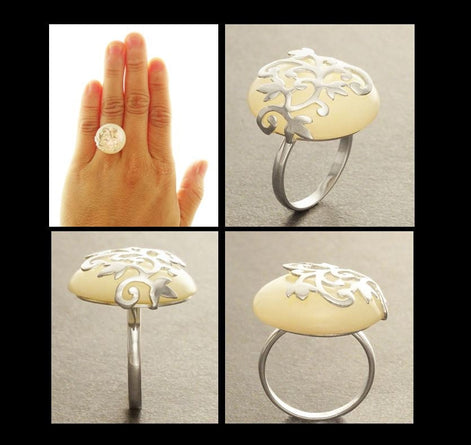 Floral Vine Ring by KRAMIKE • Sterling Silver & Mother of Pearl Stone • Nature-Inspired Design • Unique Look • Elegant Gift for Her • KR131