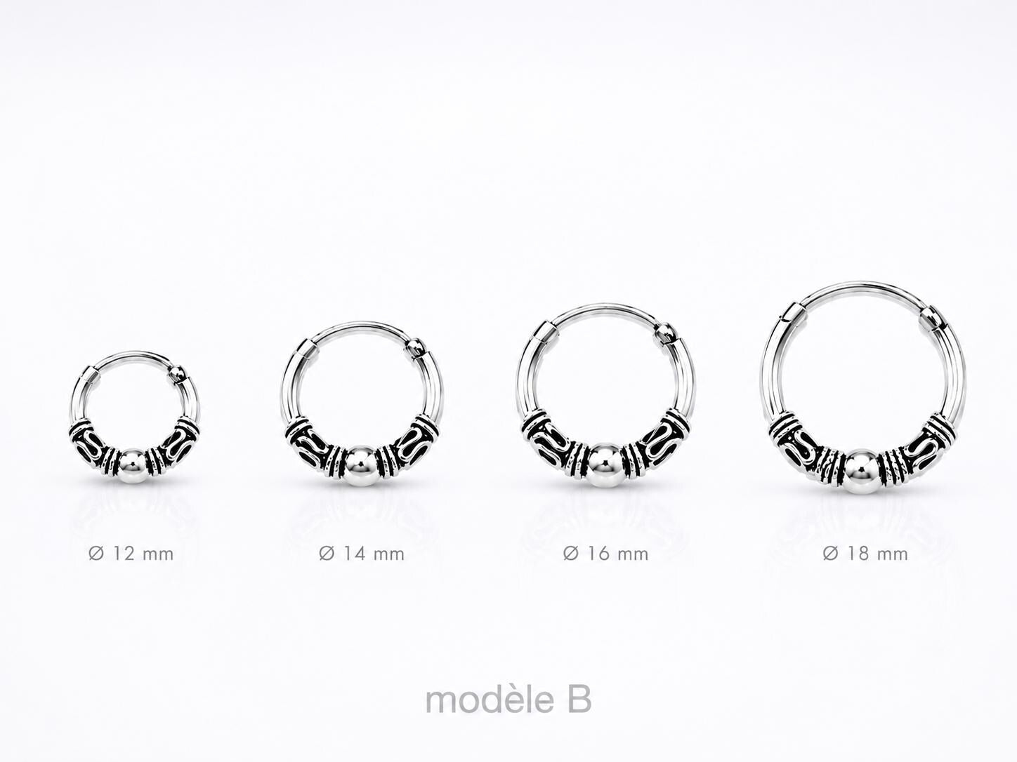 Boucles d'oreilles créoles Bali • Argent massif 925 • Anneaux tribales 12 mm, 14 mm, 16 mm, 18 mm • Bijoux ethniques chic
