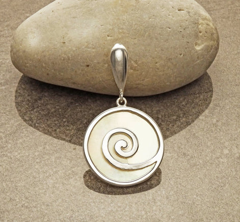 White Round Shell Pendant, Sterling Silver, White Mother of Pearl Jewelry, Modern Geometric Spiral Design, Minimalist Stone Necklace