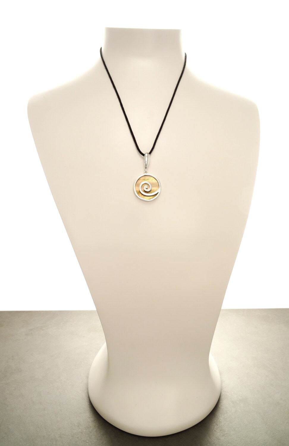 Spiral Pendant Necklace, Sterling Silver, Natural Gold Brown Paua Shell Rainbow Reflections, Geometric Round Stone Dangle Pendant