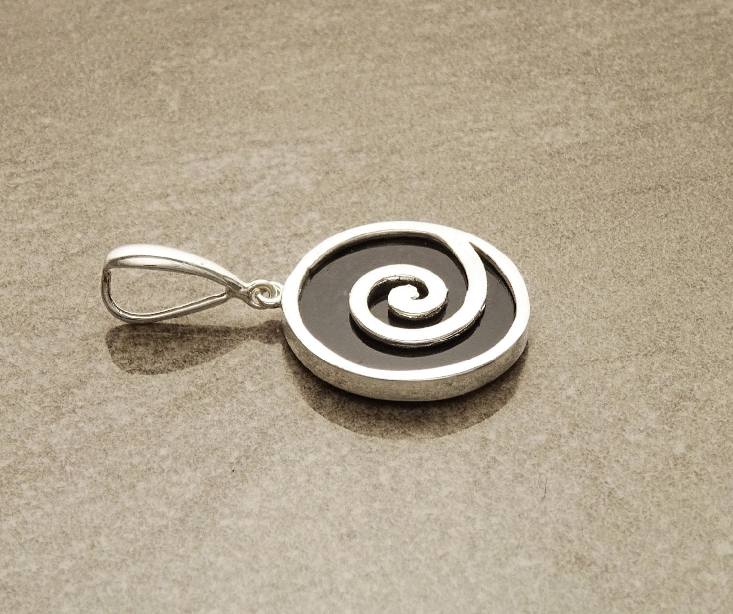 Black Spiral Pendant, Sterling Silver, Onyx Pendant, Black Stone Pendant, Geometric Spiral Jewelry