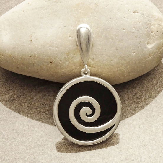 Black Spiral Pendant, Sterling Silver, Onyx Pendant, Black Stone Pendant, Geometric Spiral Jewelry