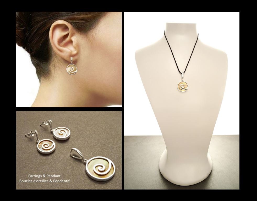 Spiral Pendant Necklace, Sterling Silver, Natural Gold Brown Paua Shell Rainbow Reflections, Geometric Round Stone Dangle Pendant