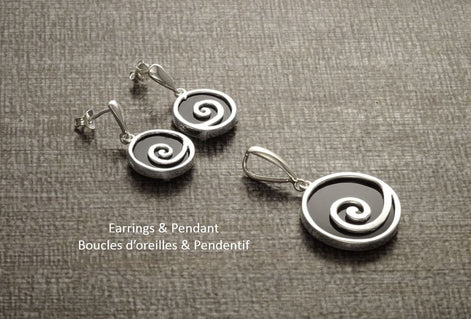 Black Spiral Round Earrings Set, Sterling Silver, Black Onyx Stone, Modern Round Swirl Jewelry, Modern Design Pendant and Earrings Set