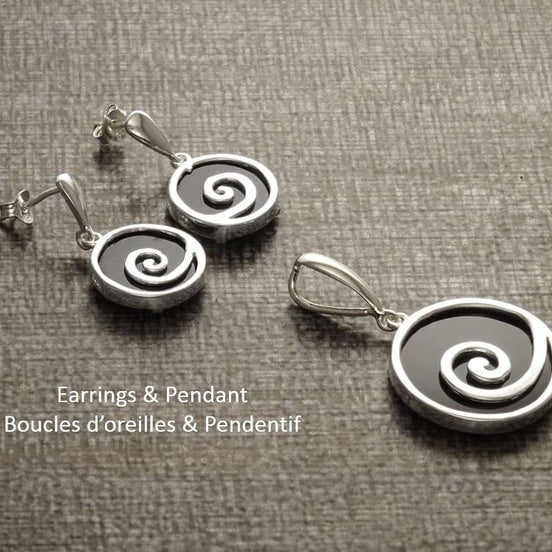 Black Spiral Round Earrings Set, Sterling Silver, Black Onyx Stone, Modern Round Swirl Jewelry, Modern Design Pendant and Earrings Set