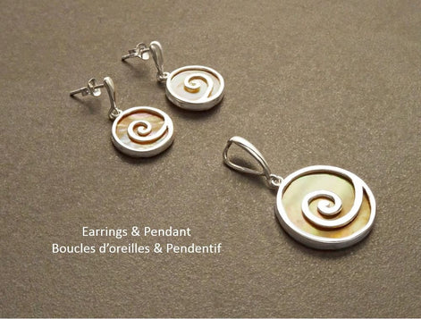Spiral Earrings and Pendant Set, Sterling Silver, Swirl Jewelry, Copper Color Paua Shell, Jewelry, Boho Jewelry.