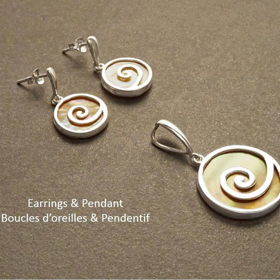 Spiral Earrings and Pendant Set, Sterling Silver, Swirl Jewelry, Copper Color Paua Shell, Jewelry, Boho Jewelry.