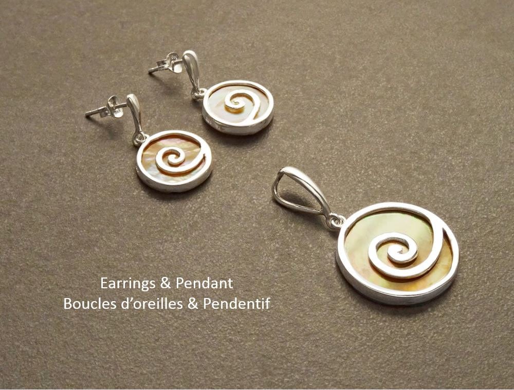Paua Shell Spiral earrings, Sterling Silver, Dangle Earrings, Geometric, Round, GENUINE Brown Gold Mother of Pearl with Rainbow Colors