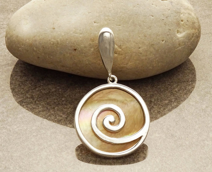 Spiral Pendant Necklace, Sterling Silver, Natural Gold Brown Paua Shell Rainbow Reflections, Geometric Round Stone Dangle Pendant