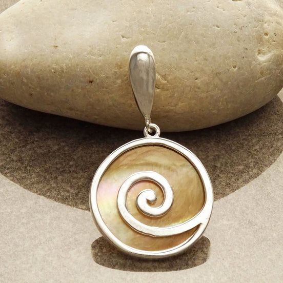 Spiral Pendant Necklace, Sterling Silver, Natural Gold Brown Paua Shell Rainbow Reflections, Geometric Round Stone Dangle Pendant