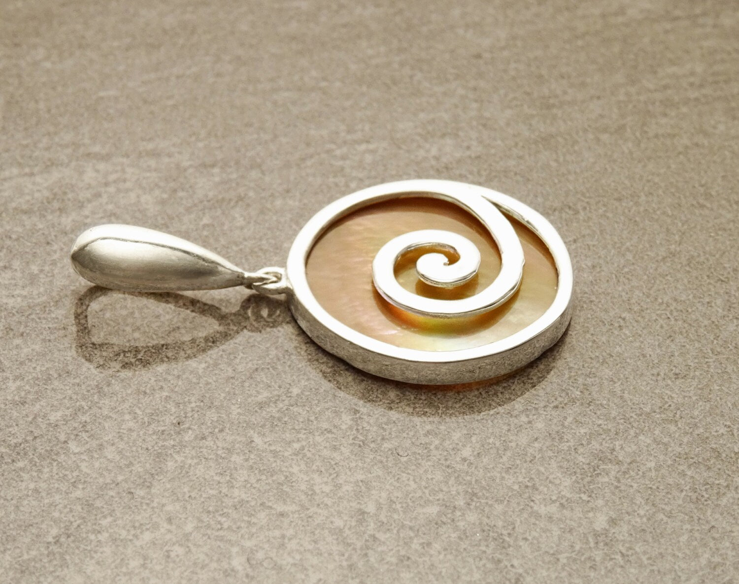Spiral Pendant Necklace, Sterling Silver, Natural Gold Brown Paua Shell Rainbow Reflections, Geometric Round Stone Dangle Pendant