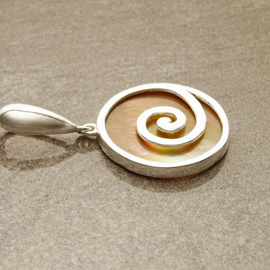 Spiral Pendant Necklace, Sterling Silver, Natural Gold Brown Paua Shell Rainbow Reflections, Geometric Round Stone Dangle Pendant